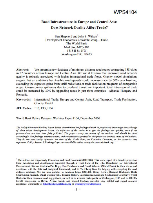 Road Infrastructure in Europe and Central Asia: Does Network Quality Affect Trade?