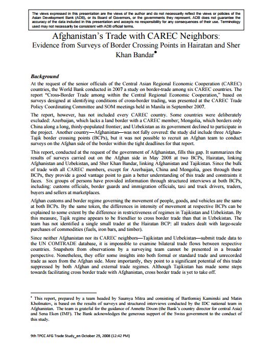 Afghanistan’s Trade with CAREC Neighbors: Evidence from Surveys of Border Crossing Points in Hairatan and Sher Khan Bandar