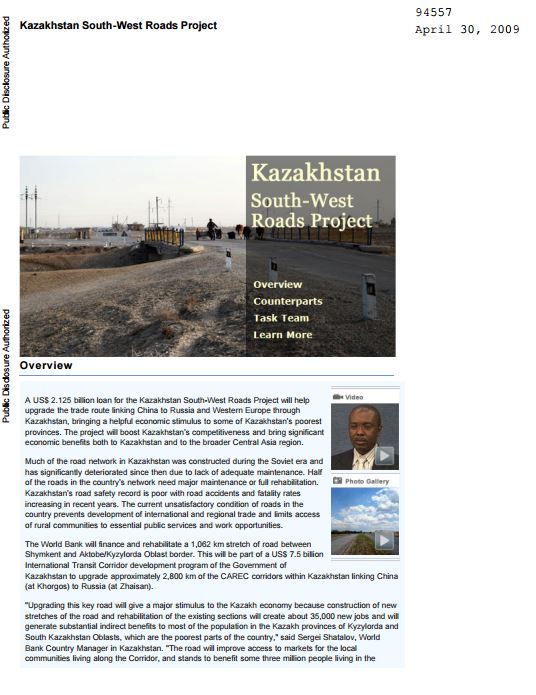 Kazakhstan:  South–West Roads Project