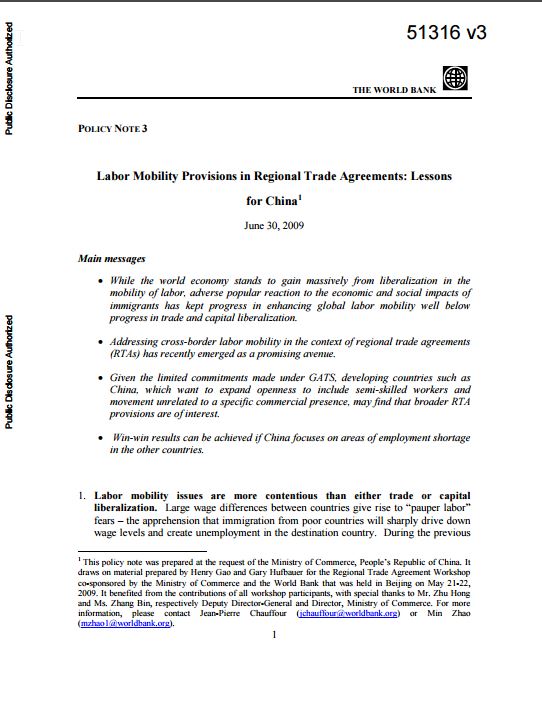 Labor Mobility Provisions in Regional Trade Agreements: Lessons for [the People’s Republic of] China