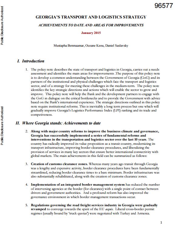 Georgia’s Transport and Logistics Strategy : Achievements to Date and Areas for Improvements