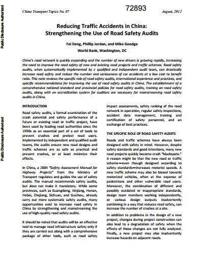 Reducing Traffic Accidents in the People’s Republic of China: Strengthening the Use of Road Safety Audits